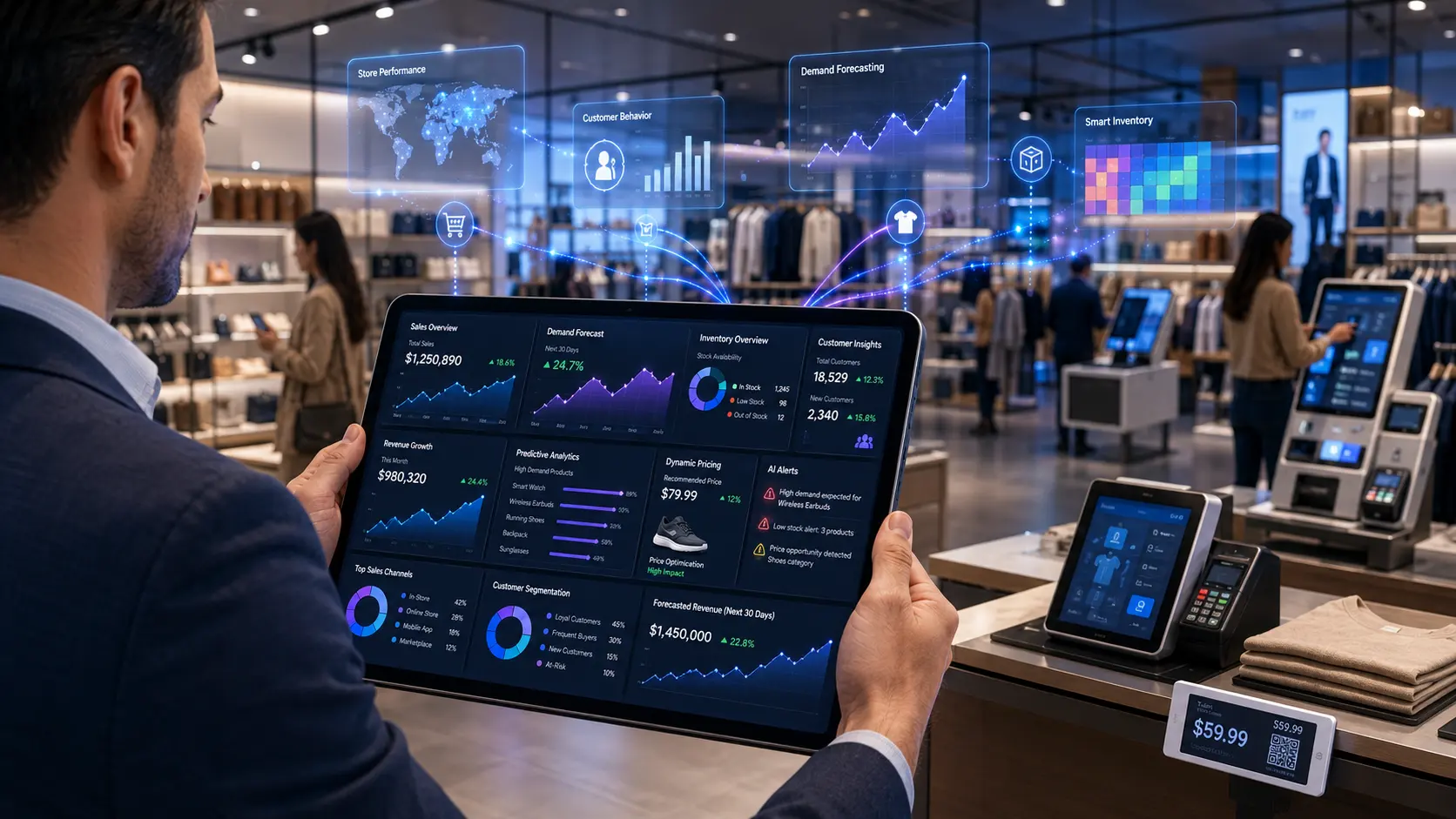 AI-powered retail analytics dashboard displayed on a tablet showing POS sales data, inventory forecasting, customer insights, and business intelligence inside a modern retail store.